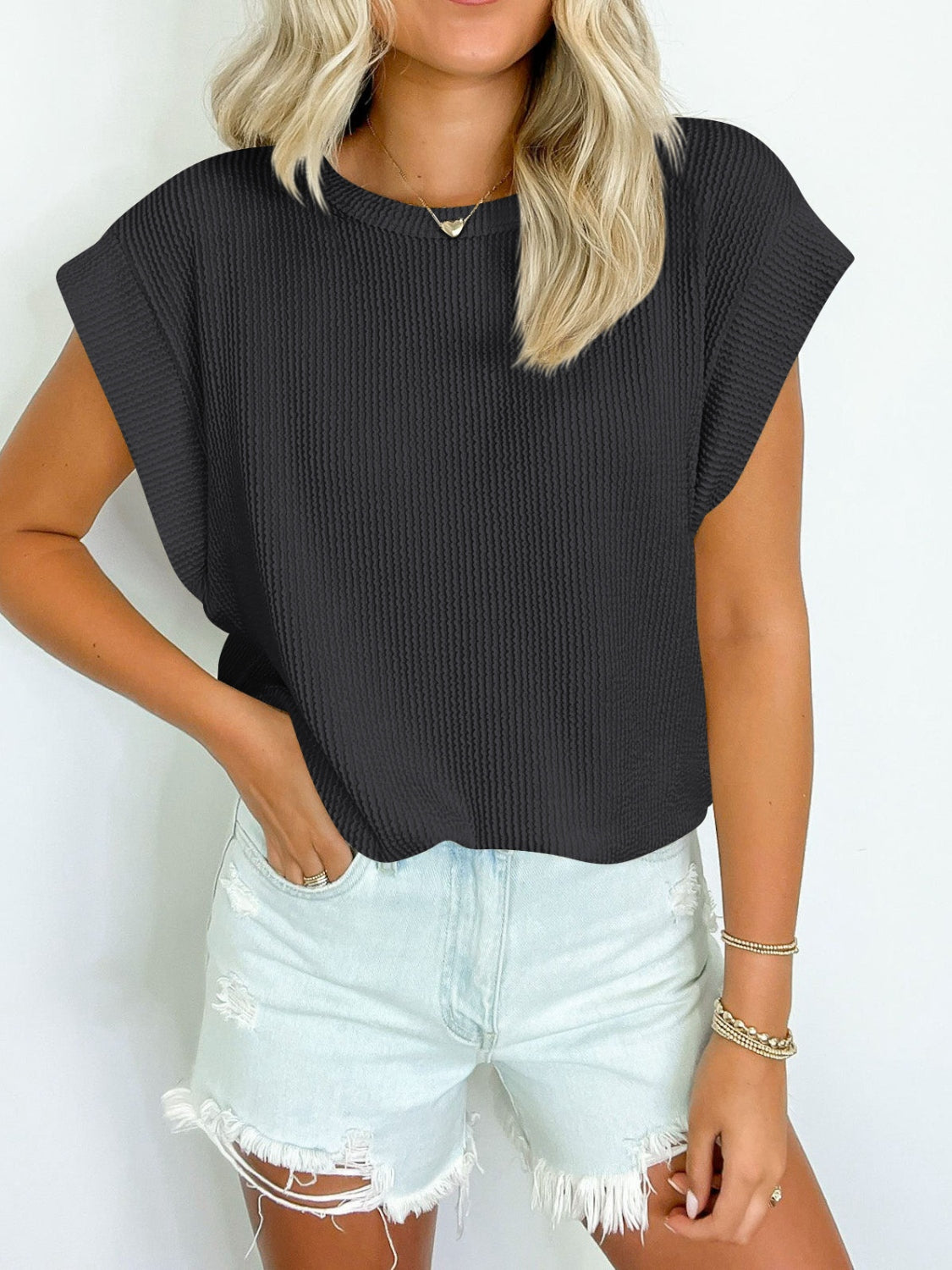 Textured Round Neck Cap Sleeve Blouse   