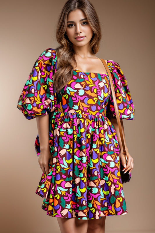 Plus Size Printed Square Neck Half Sleeve Dress Multicolor 1XL 