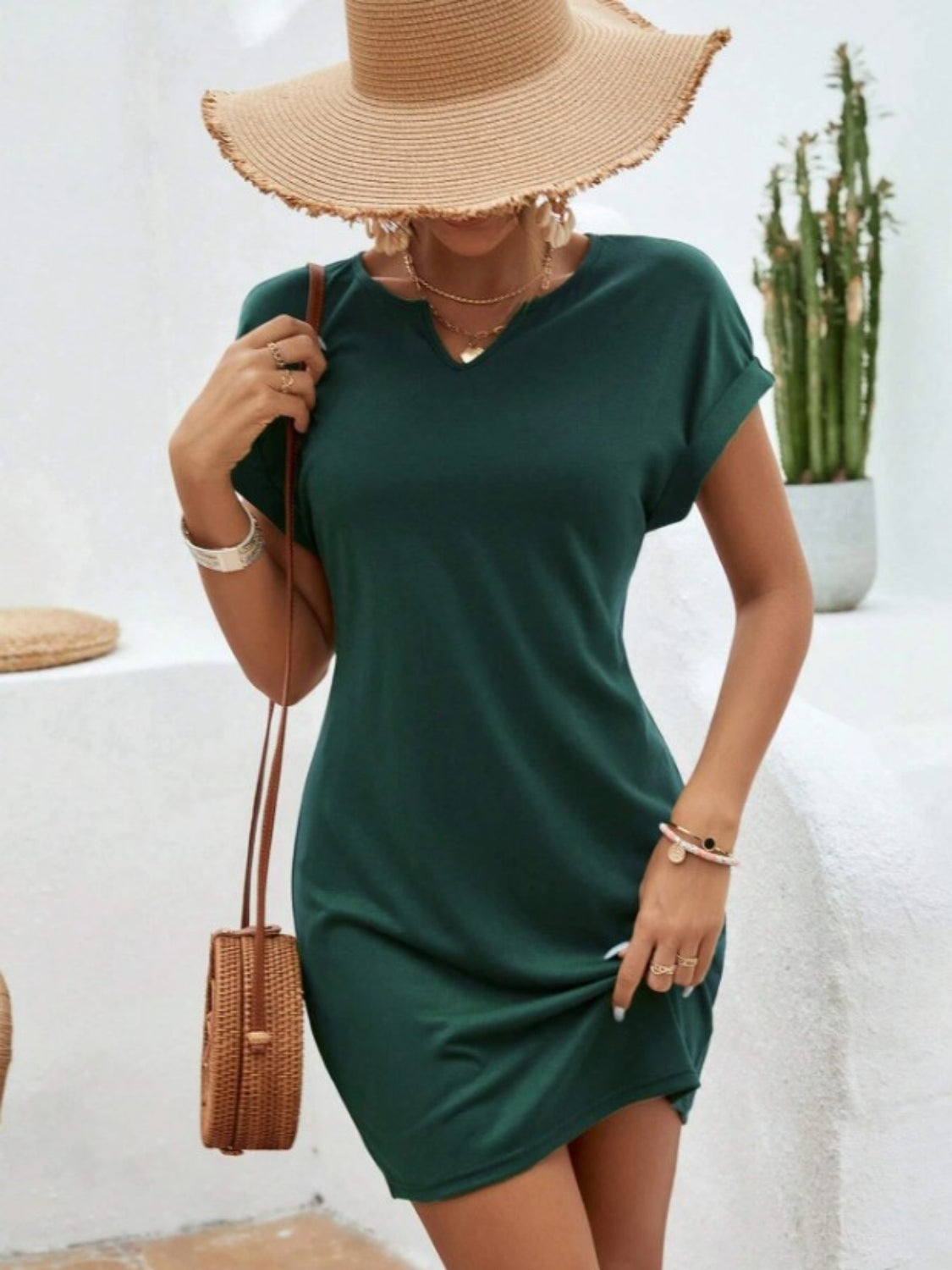 Notched Short Sleeve Mini Tee Dress Dark Green S 