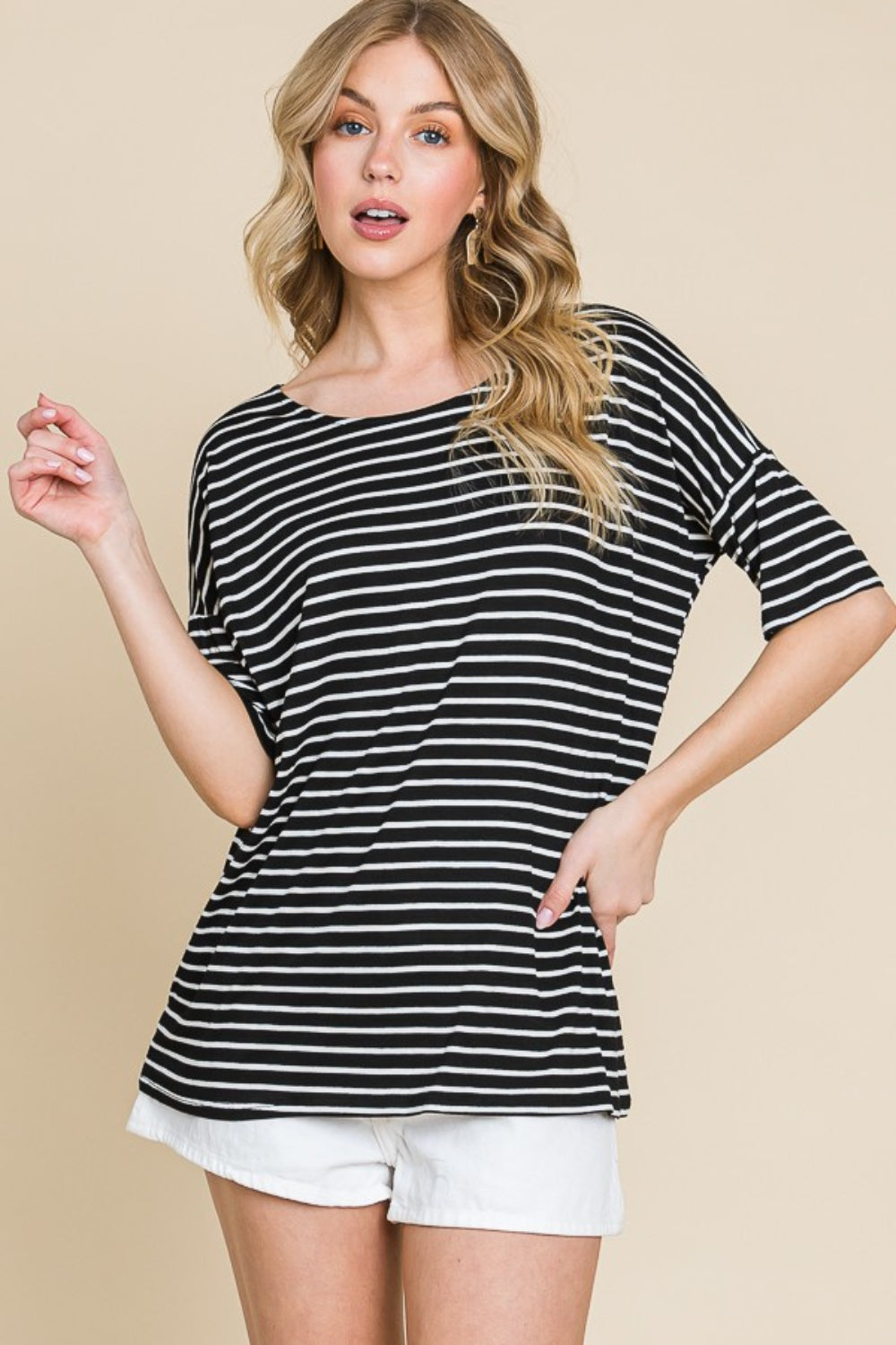 BOMBOM Striped Round Neck T-Shirt Black S 