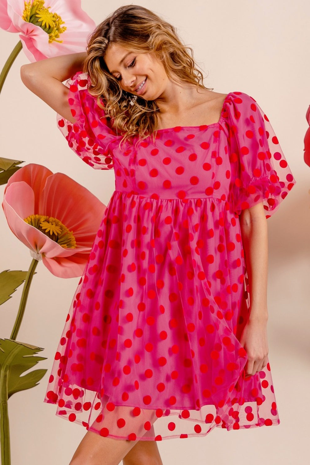 BiBi Polka Dot Mesh Puff Sleeve Dress   