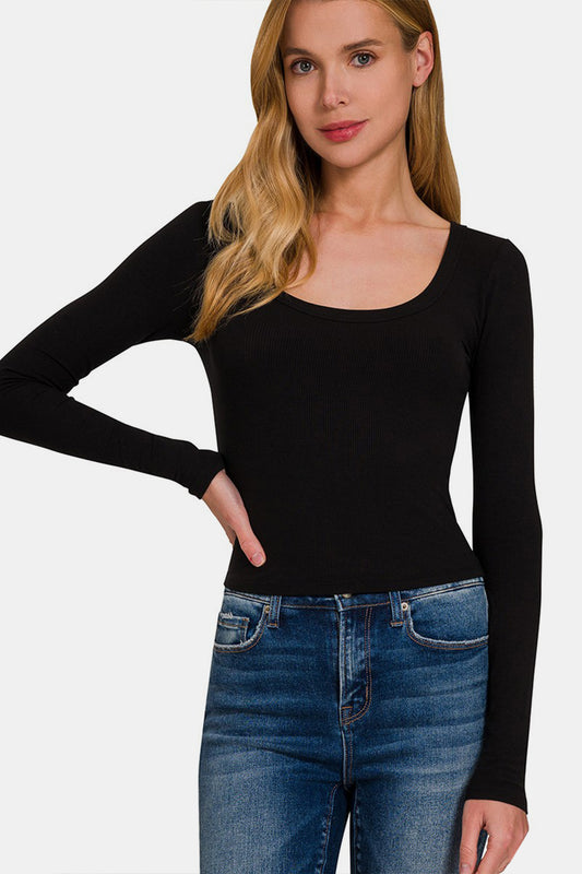 Zenana Scoop Neck Long Sleeve T-Shirt Black S 