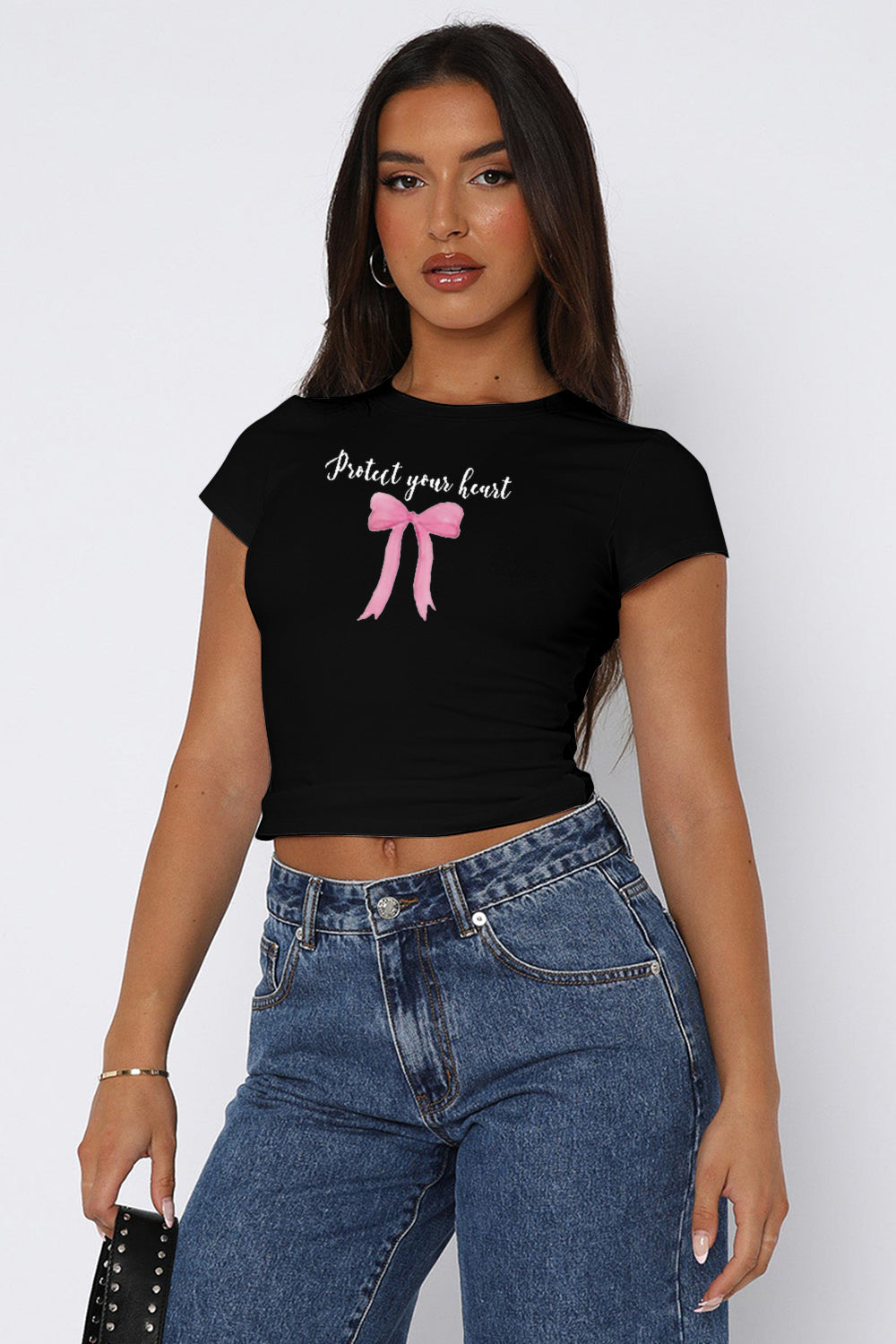 STUNNLY  Bow Graphic Round Neck Short Sleeve T-Shirt   