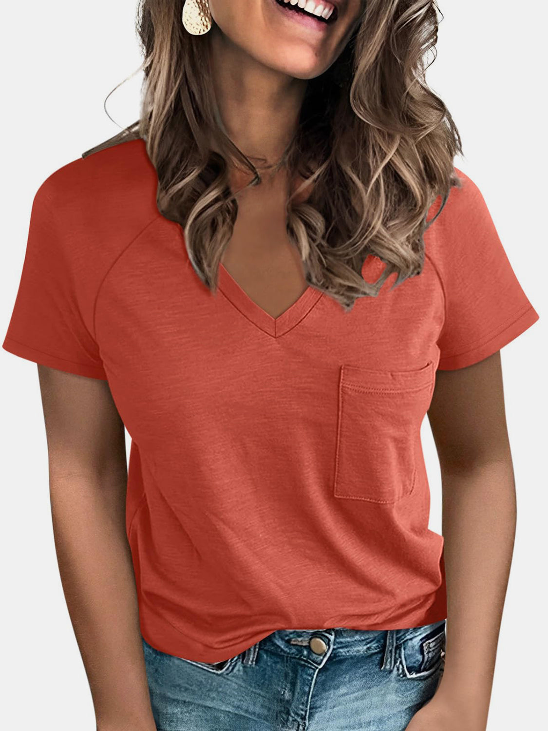 STUNNLY  Pocketed V-Neck Short Sleeve T-Shirt   