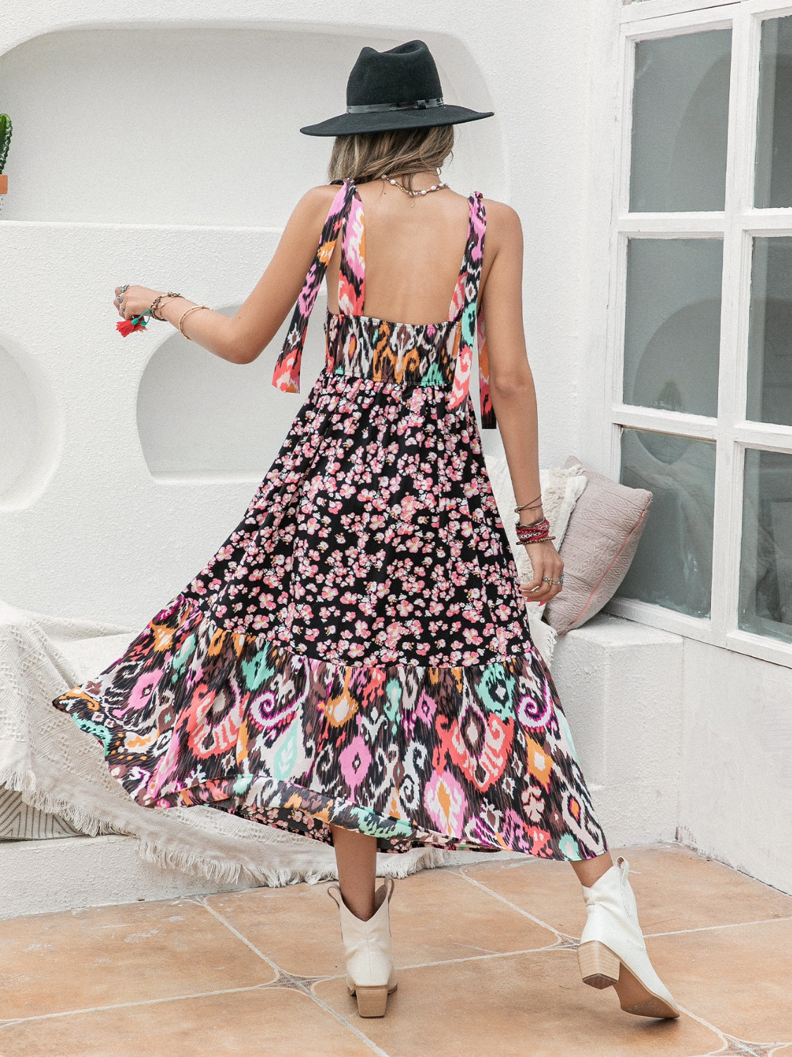 Printed Plunge Sleeveless Midi Dress   