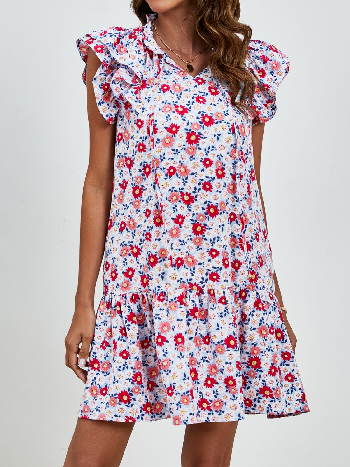 Tied Floral Cap Sleeve Mini Dress   