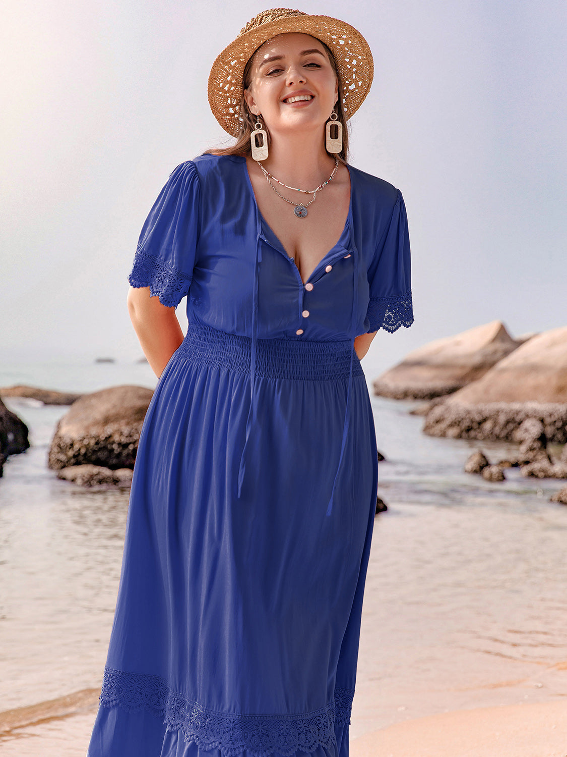 Plus Size Lace Detail Tie Neck Short Sleeve Maxi Dress   