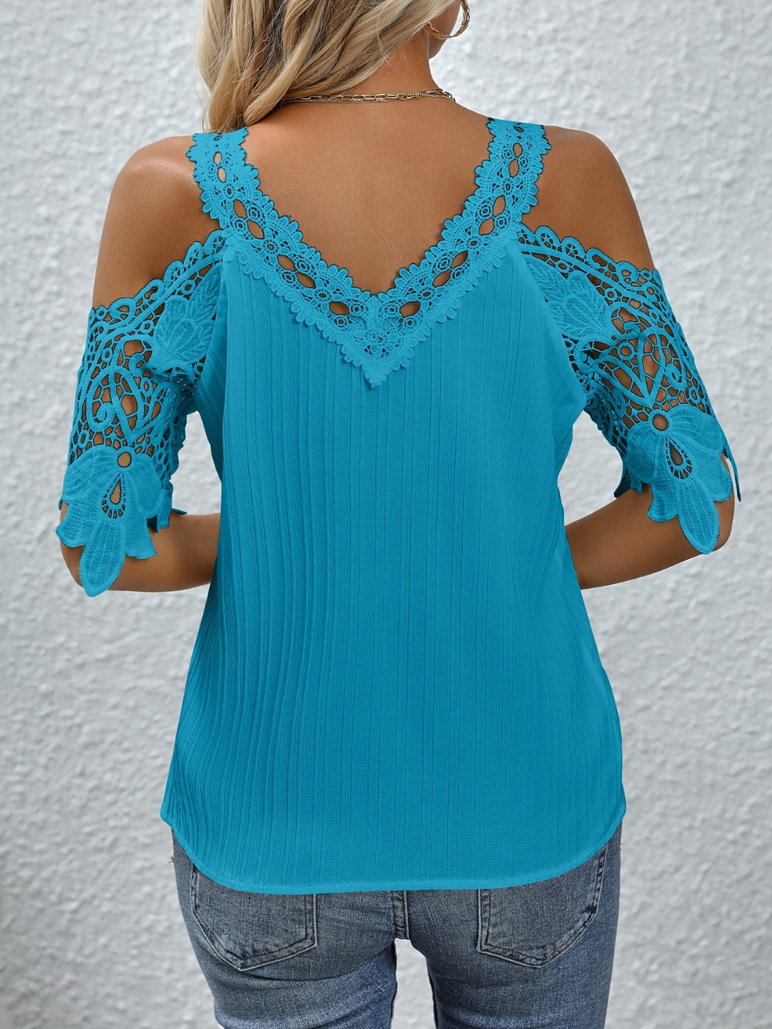 Lace Detail V-Neck Cold Shoulder Blouse   