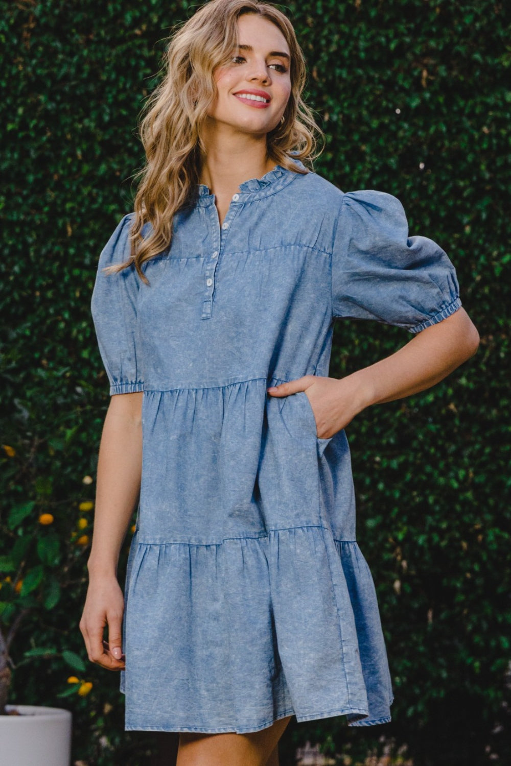 STUNNLY  ODDI Washed Tiered Mini Denim Dress   