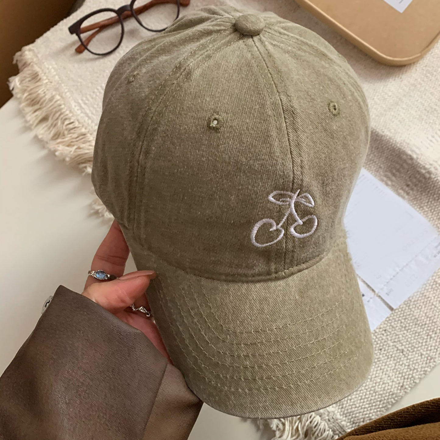 Cherry Embroidered Adjustable Cap Khaki One Size 