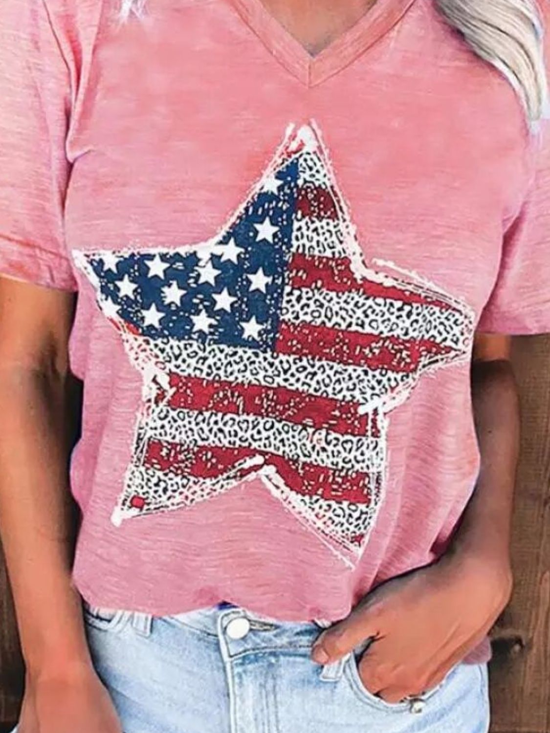 STUNNLY  US Flag Graphic V-Neck Short Sleeve T-Shirt   