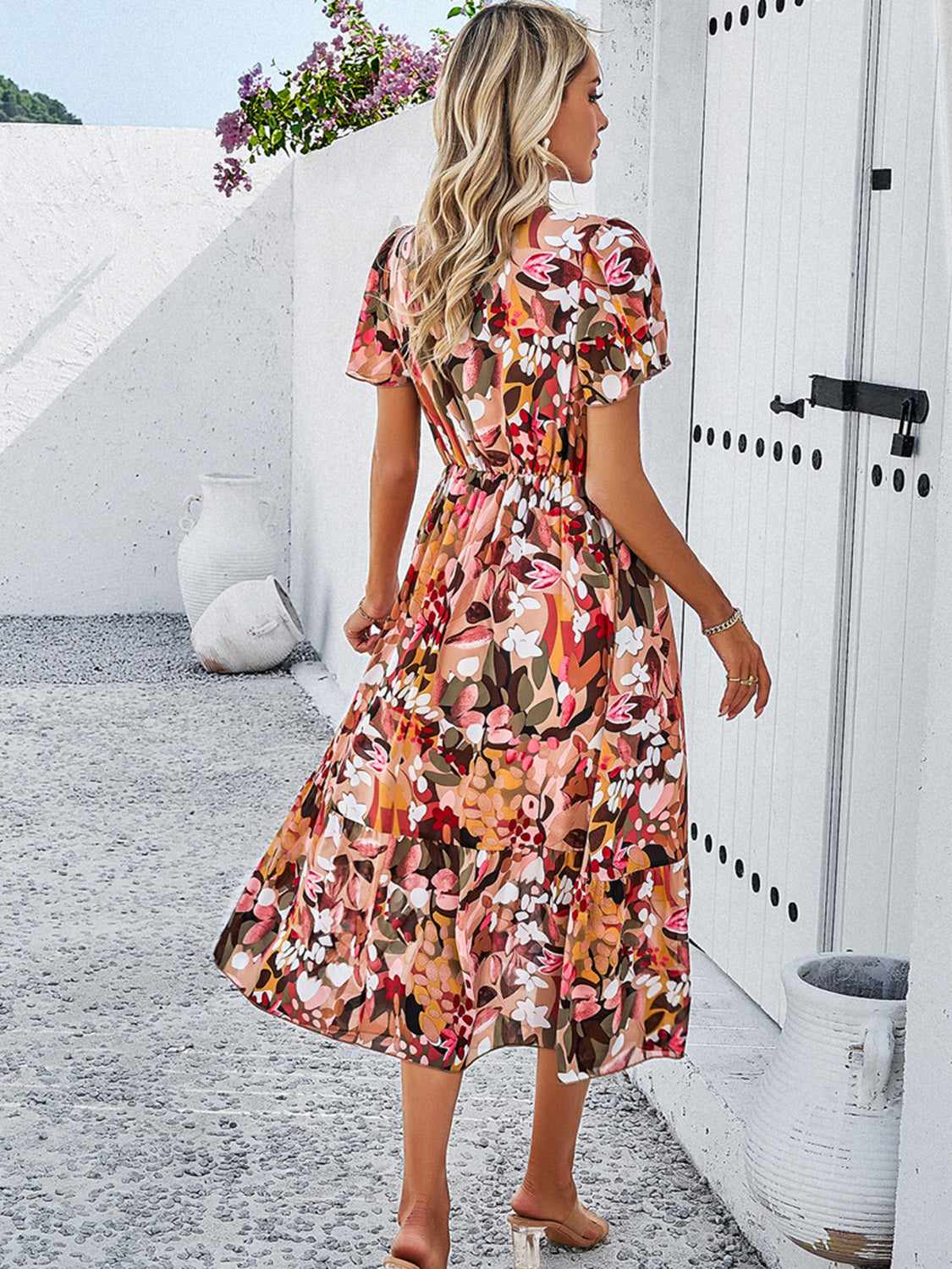 Printed V-Neck Flutter Sleeve Midi Dress   