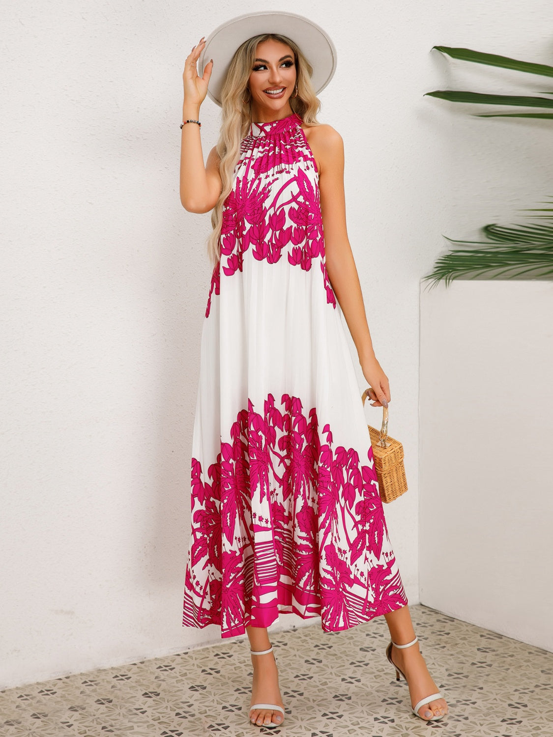 Tied Printed Sleeveless Midi Dress Hot Pink S 