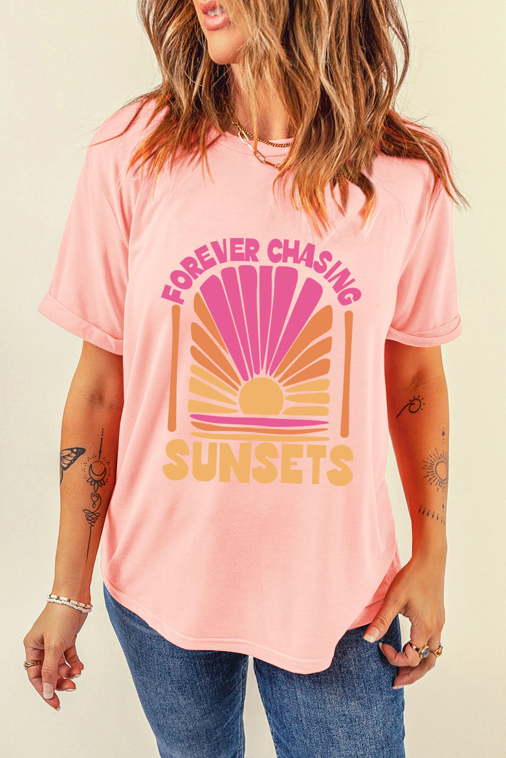 STUNNLY  FOREVER CHASING SUNSETS Round Neck T-Shirt   