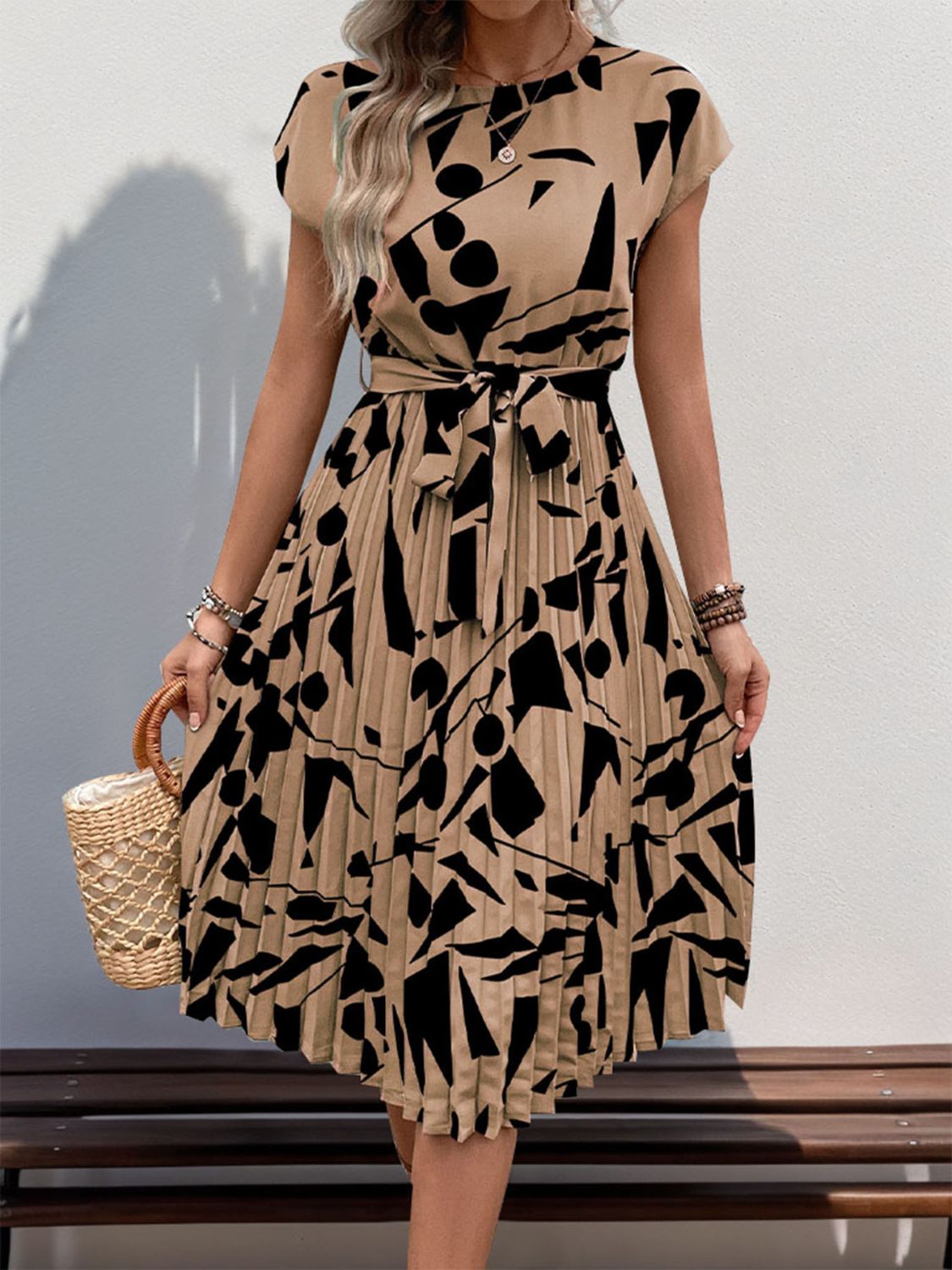 Tied Pleated Printed Cap Sleeve Dress Camel S 