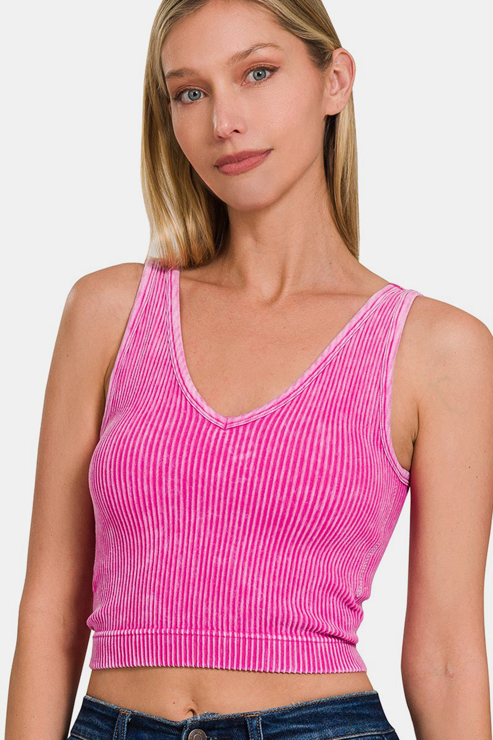 STUNNLY  Zenana Washed Ribbed Cropped Bra Padded Tank Hot Pink S/M 