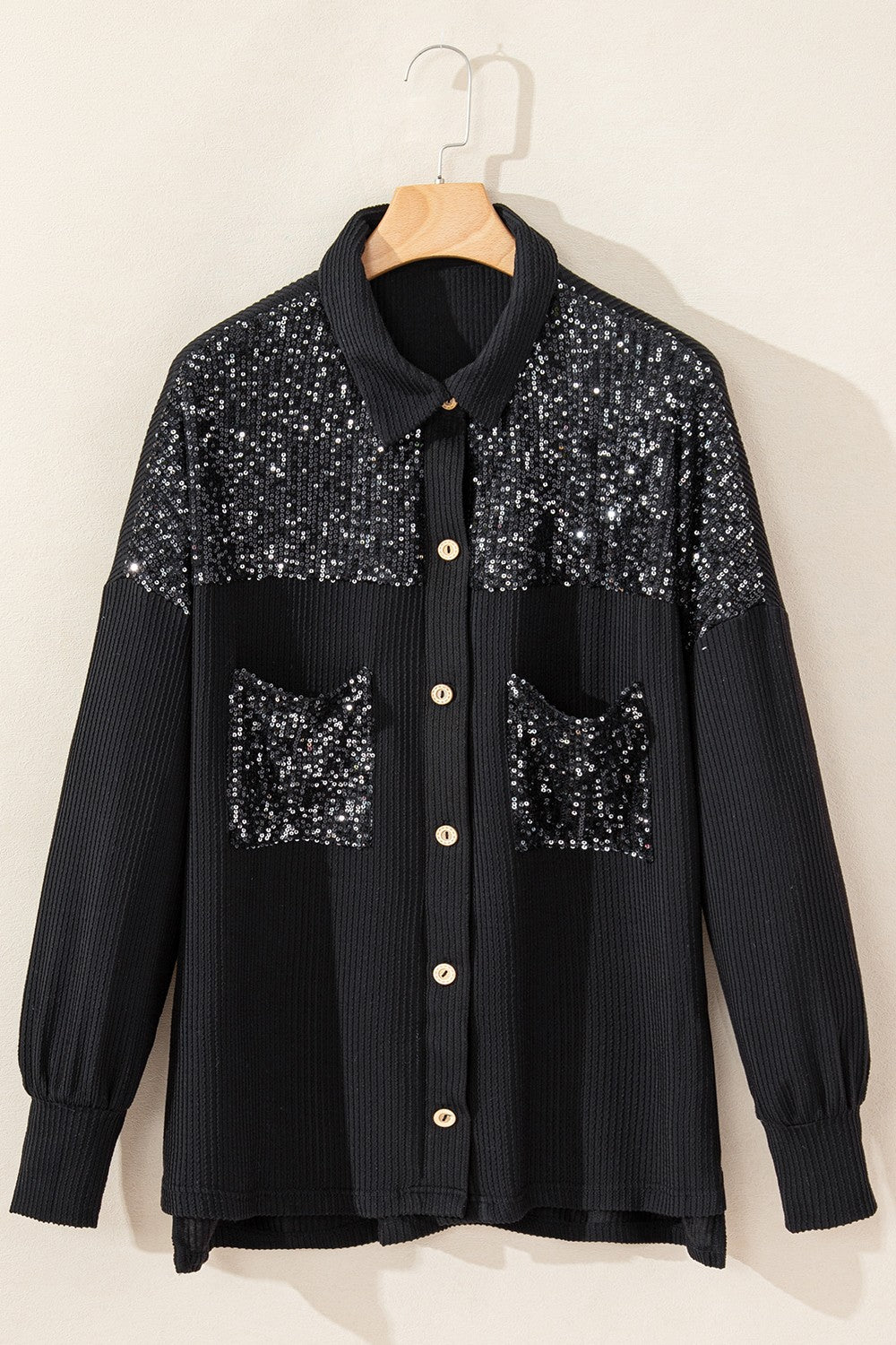 Sequin Button Up Dropped Shoulder Jacket Black L 