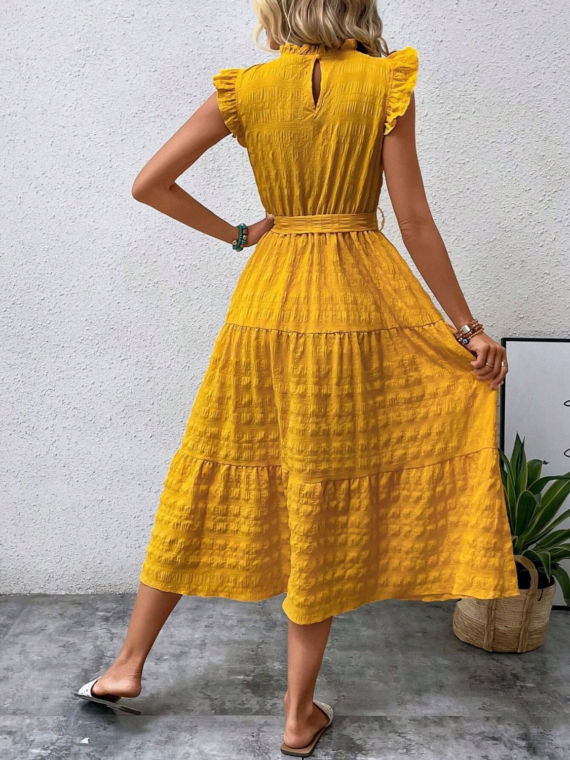 Tied Ruffled Cap Sleeve Midi Dress   