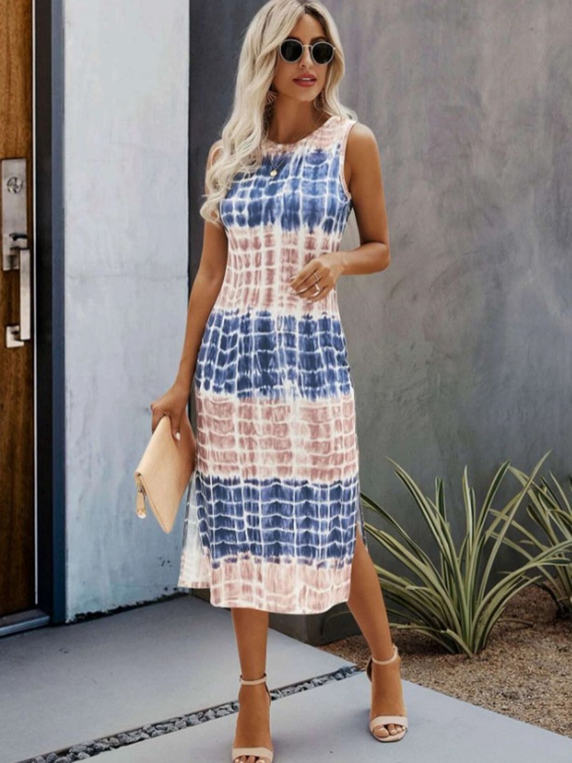 Slit Printed Round Neck Sleeveless Dress   