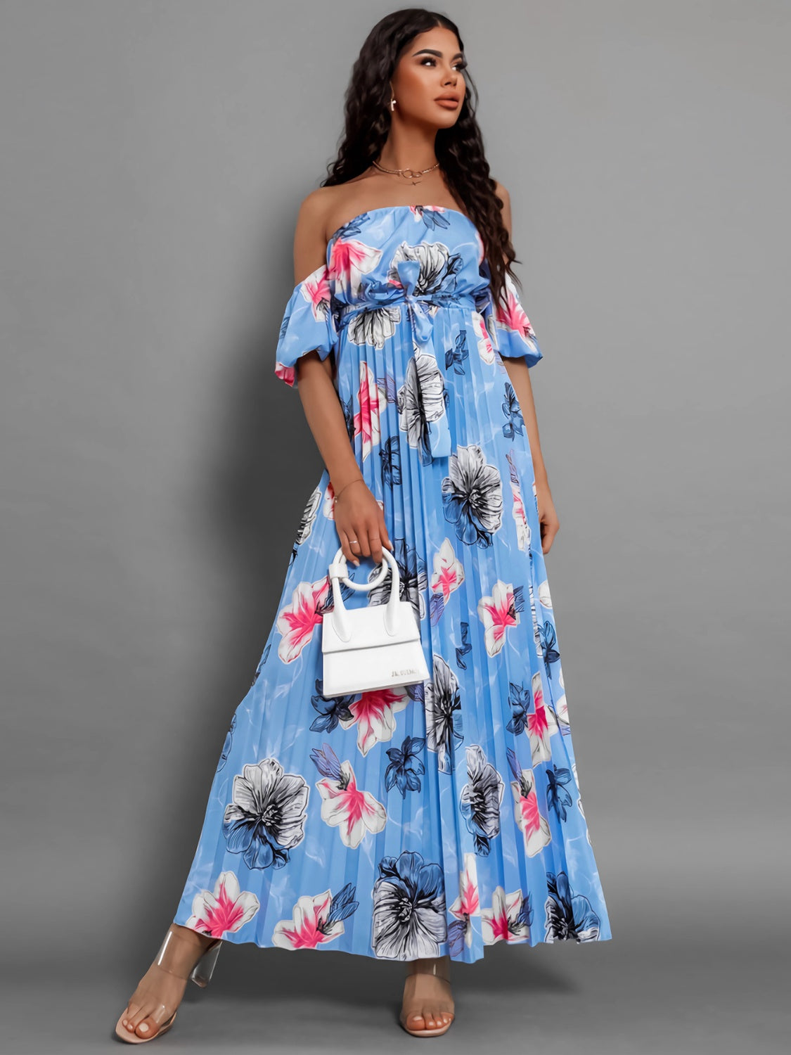 Pleated Floral Off-Shoulder Short Sleeve Midi Dress   