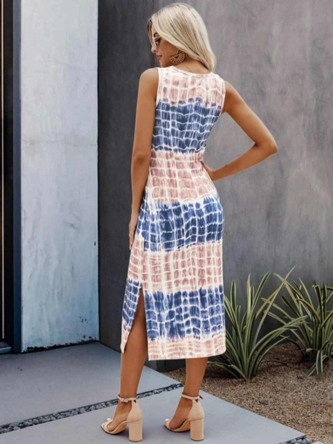 Slit Printed Round Neck Sleeveless Dress   