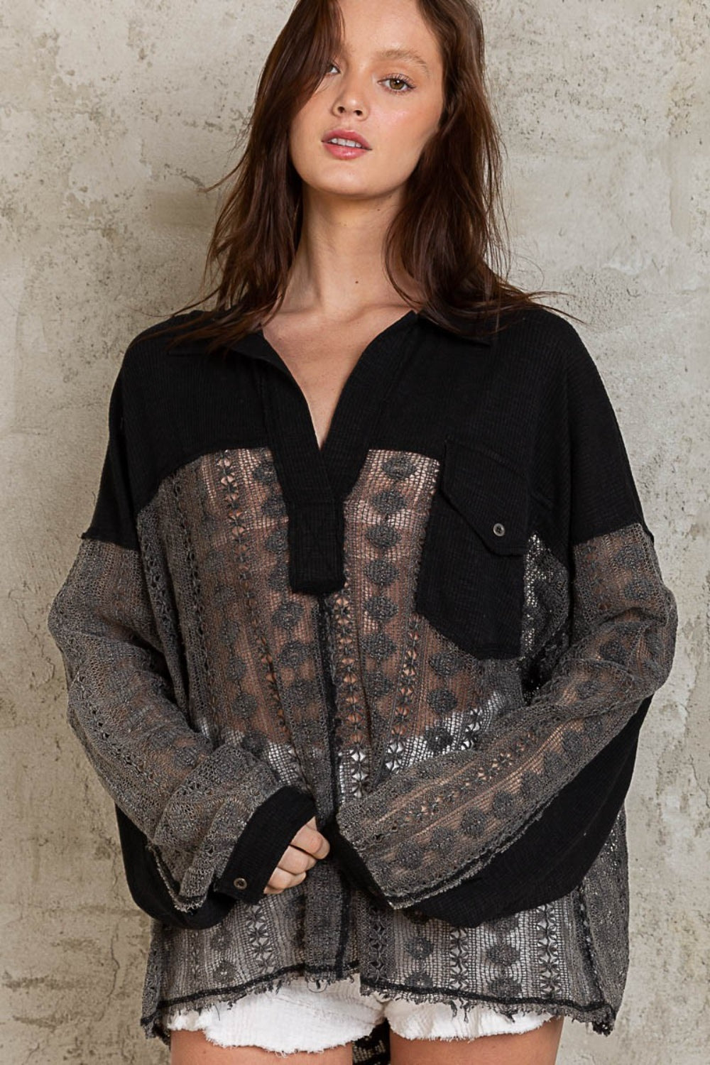 STUNNLY  POL Johnny Collar Long Sleeve Lace Blouse Black S 