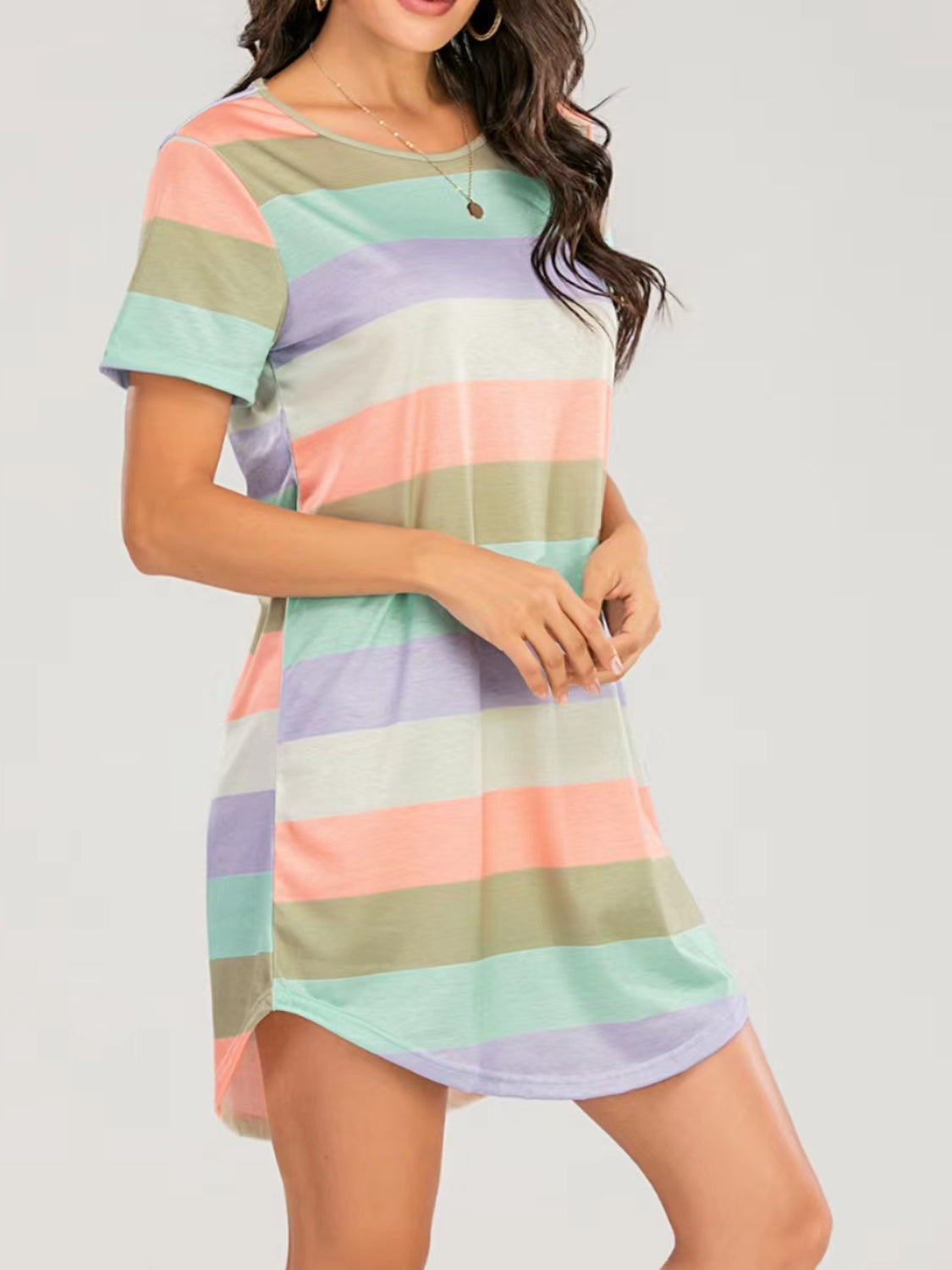 Striped Round Neck Short Sleeve Tee Dress   