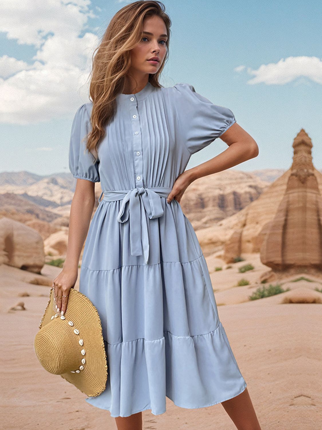 Tie Waist Puff Sleeve Midi Dress   