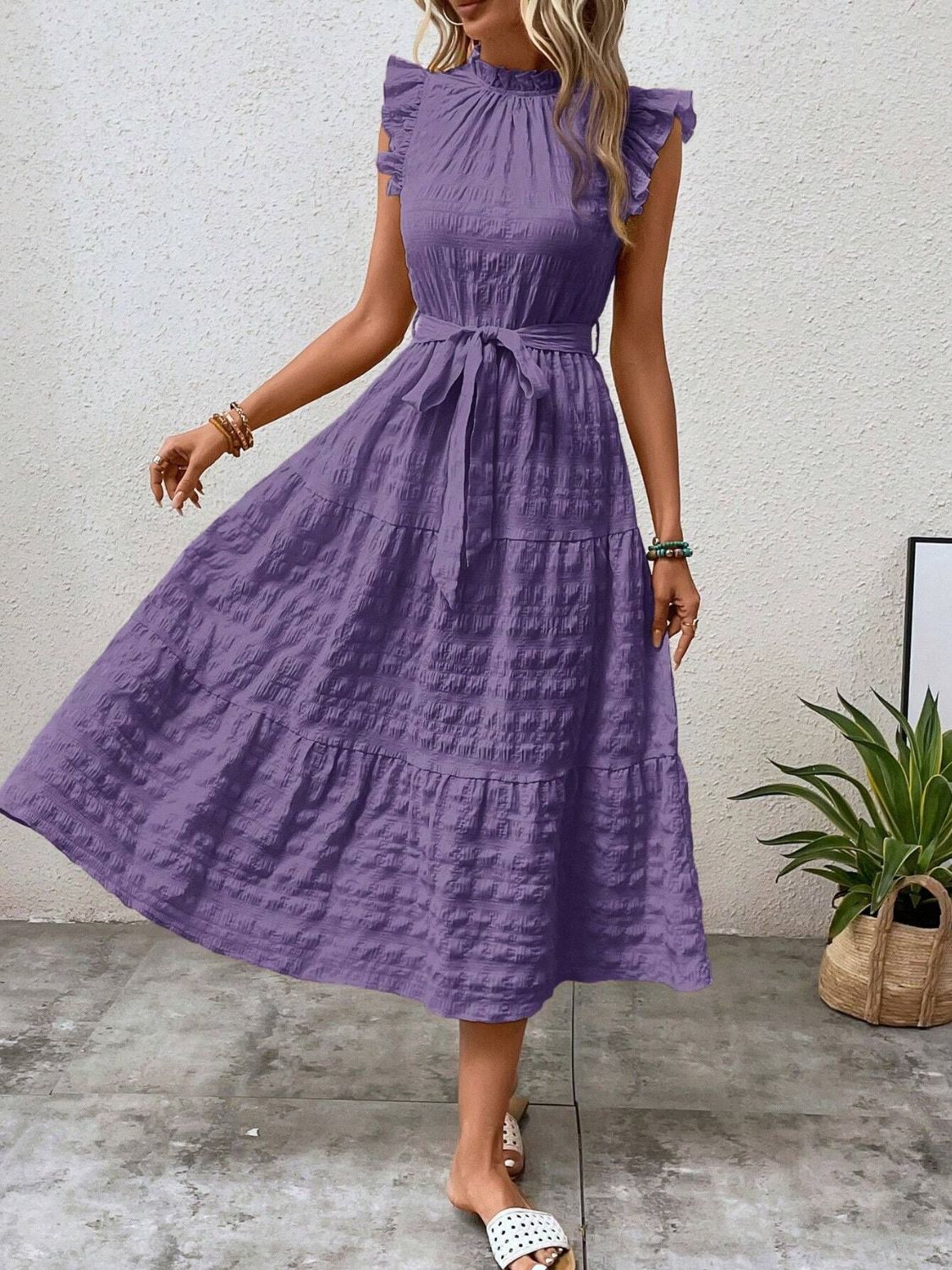 Tied Ruffled Cap Sleeve Midi Dress   