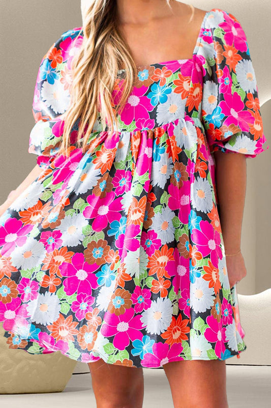 Printed Square Neck Half Sleeve Mini Dress Floral S 