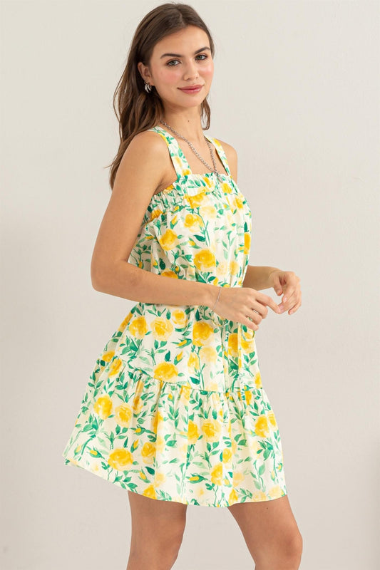 HYFVE Floral Tie Shoulder Mini Dress Yellow S 