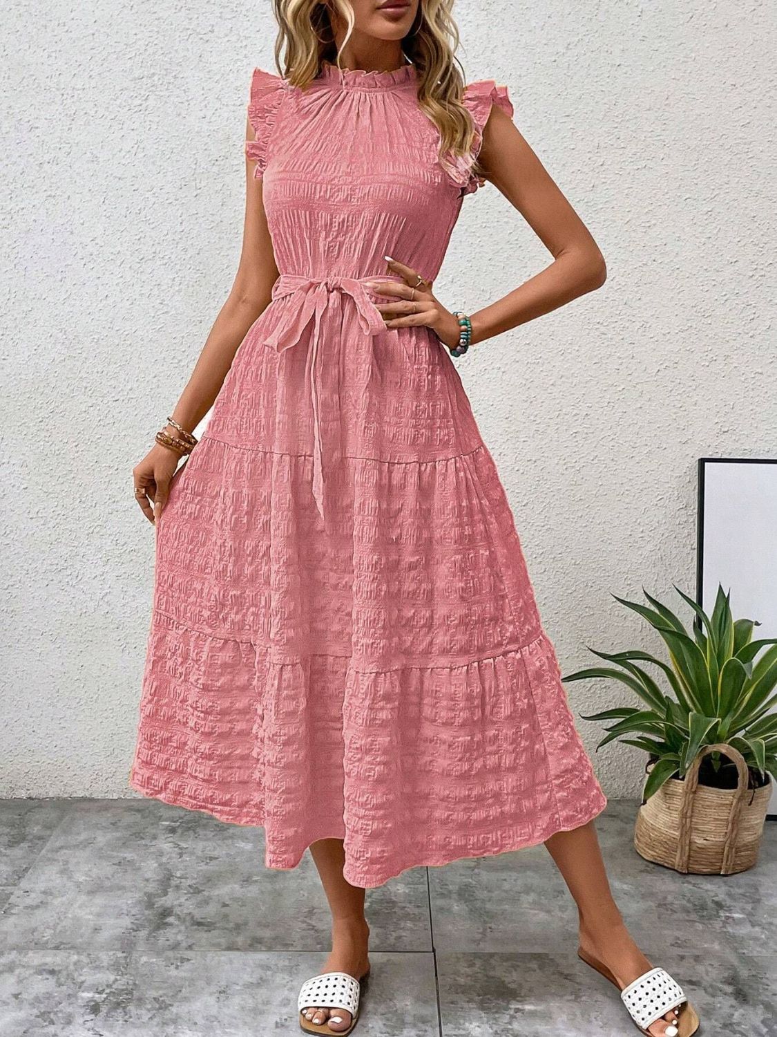 Tied Ruffled Cap Sleeve Midi Dress   