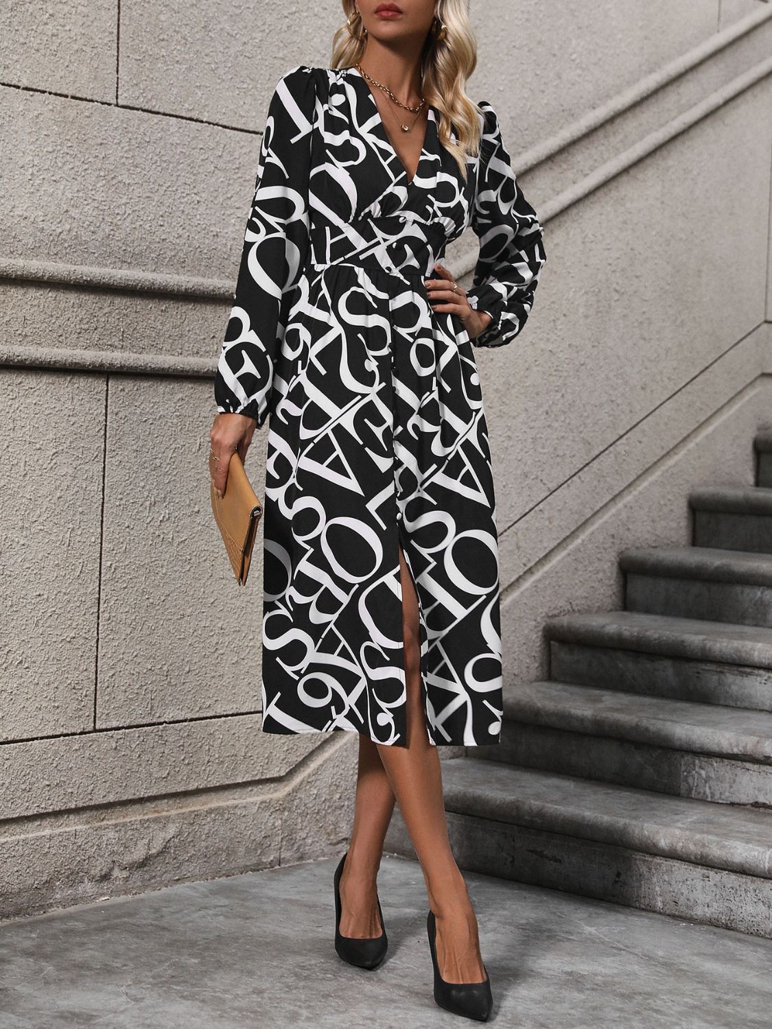 Printed V-Neck Long Sleeve Midi Dress   