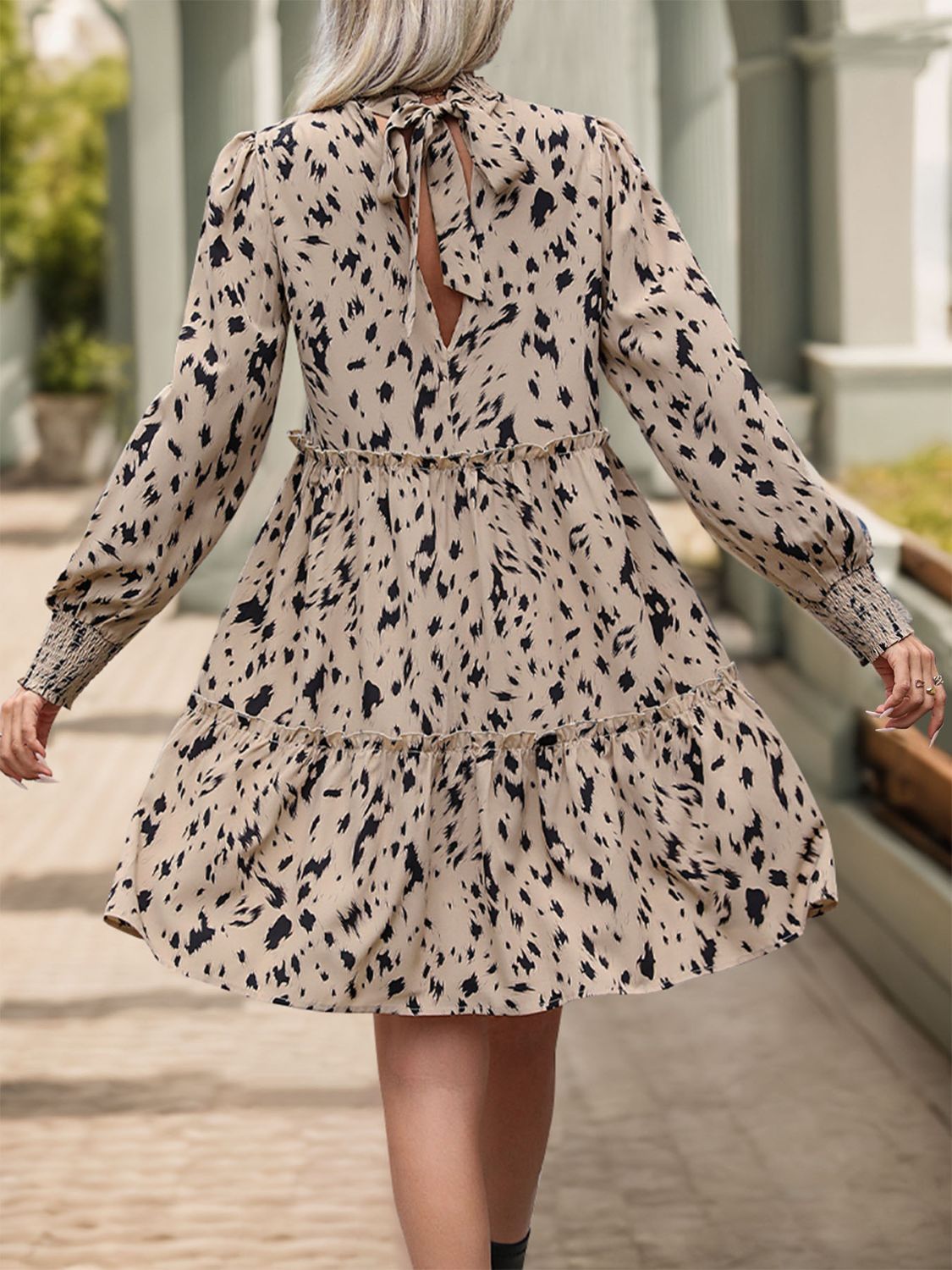 Frill Printed Mock Neck Long Sleeve Mini Dress   