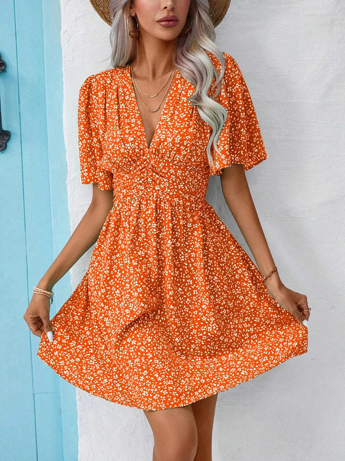 Printed V-Neck Half Sleeve Mini Dress Orange S 