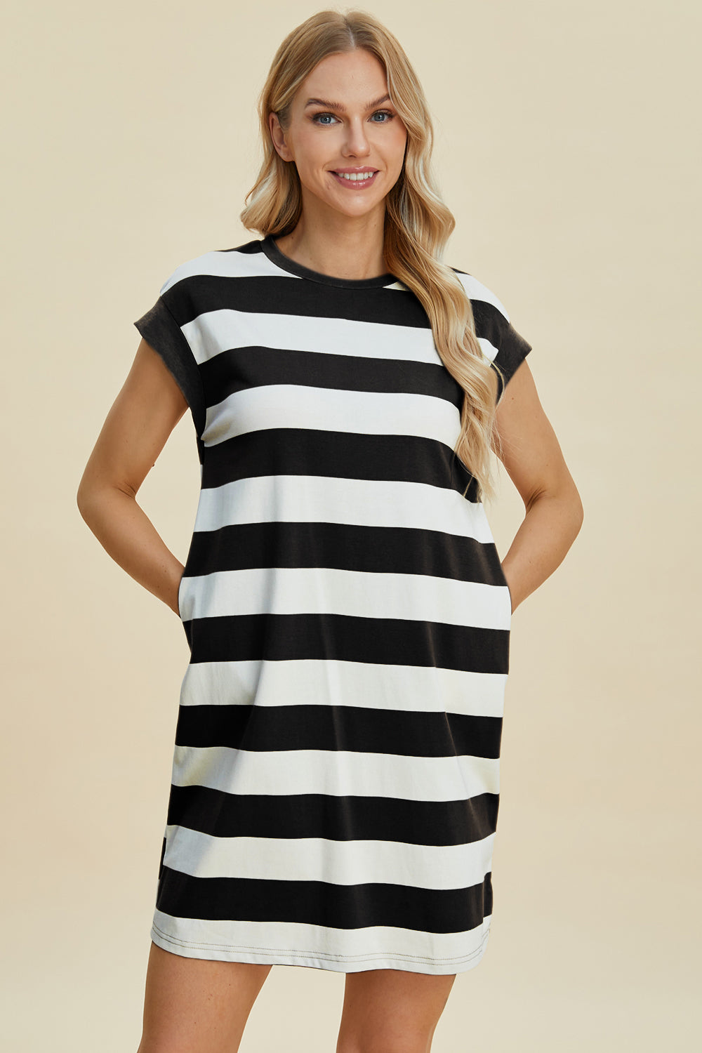 Basic Bae Full Size Striped Round Neck Cap Sleeve Mini Dress   