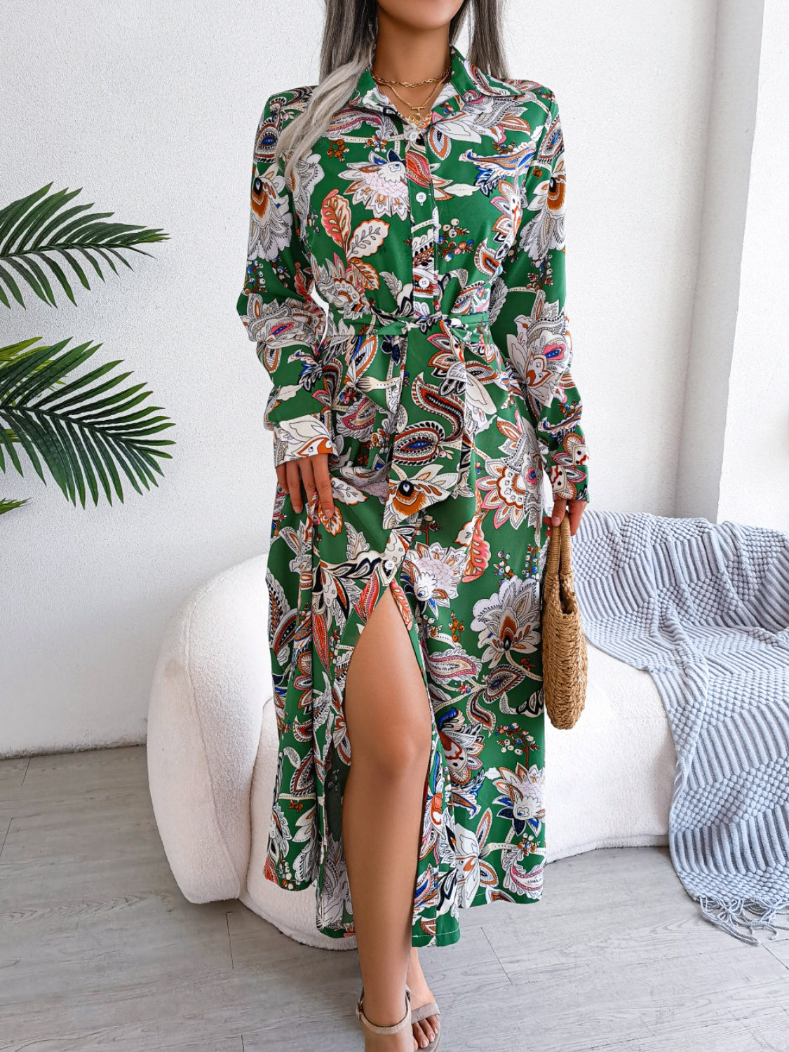 Tied Printed Long Sleeve Midi Dress   