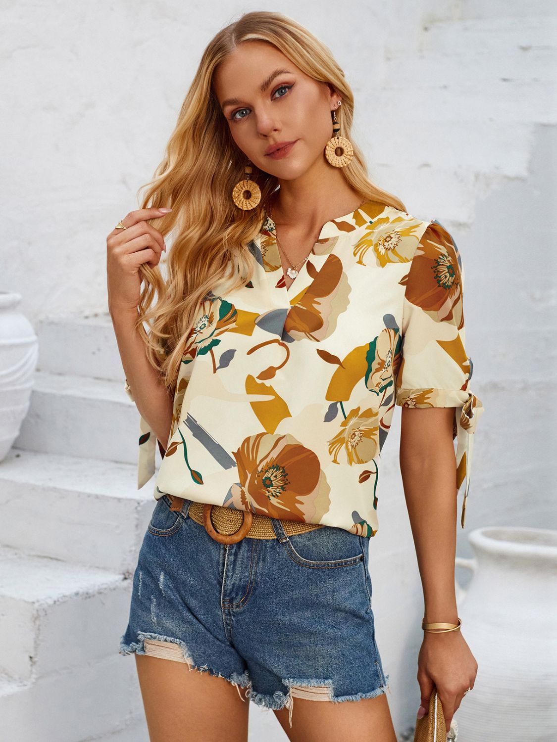 Tied Printed Notched Short Sleeve Blouse   