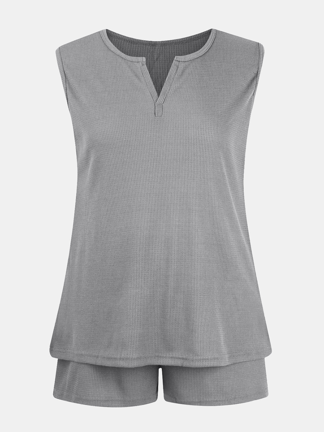 STUNNLY  Full Size Waffle-Knit Notched Top and Shorts Set Heather Gray S 