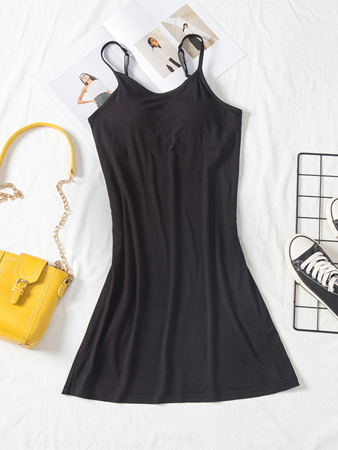 Round Neck Spaghetti Strap Cami Dress with Bra   