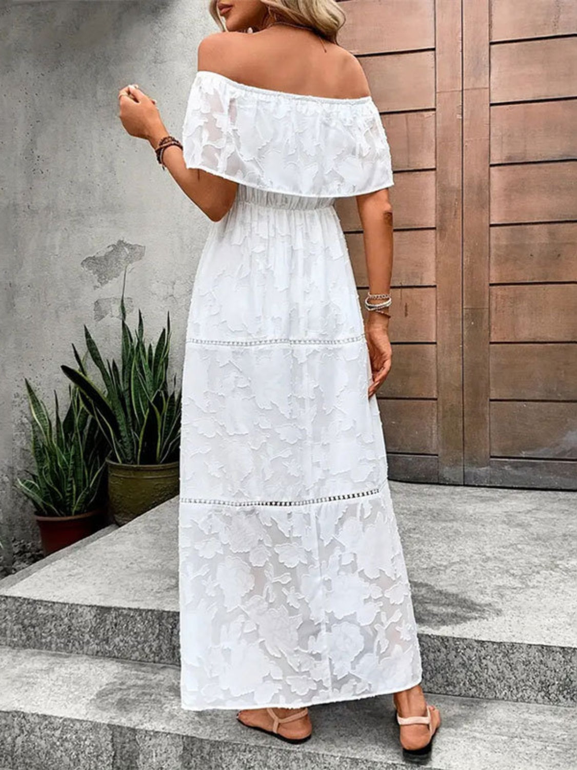 Off-Shoulder Short Sleeve Maxi Dress   