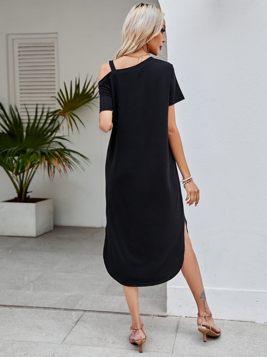 Slit Asymmetrical Neck Short Sleeve Dress   