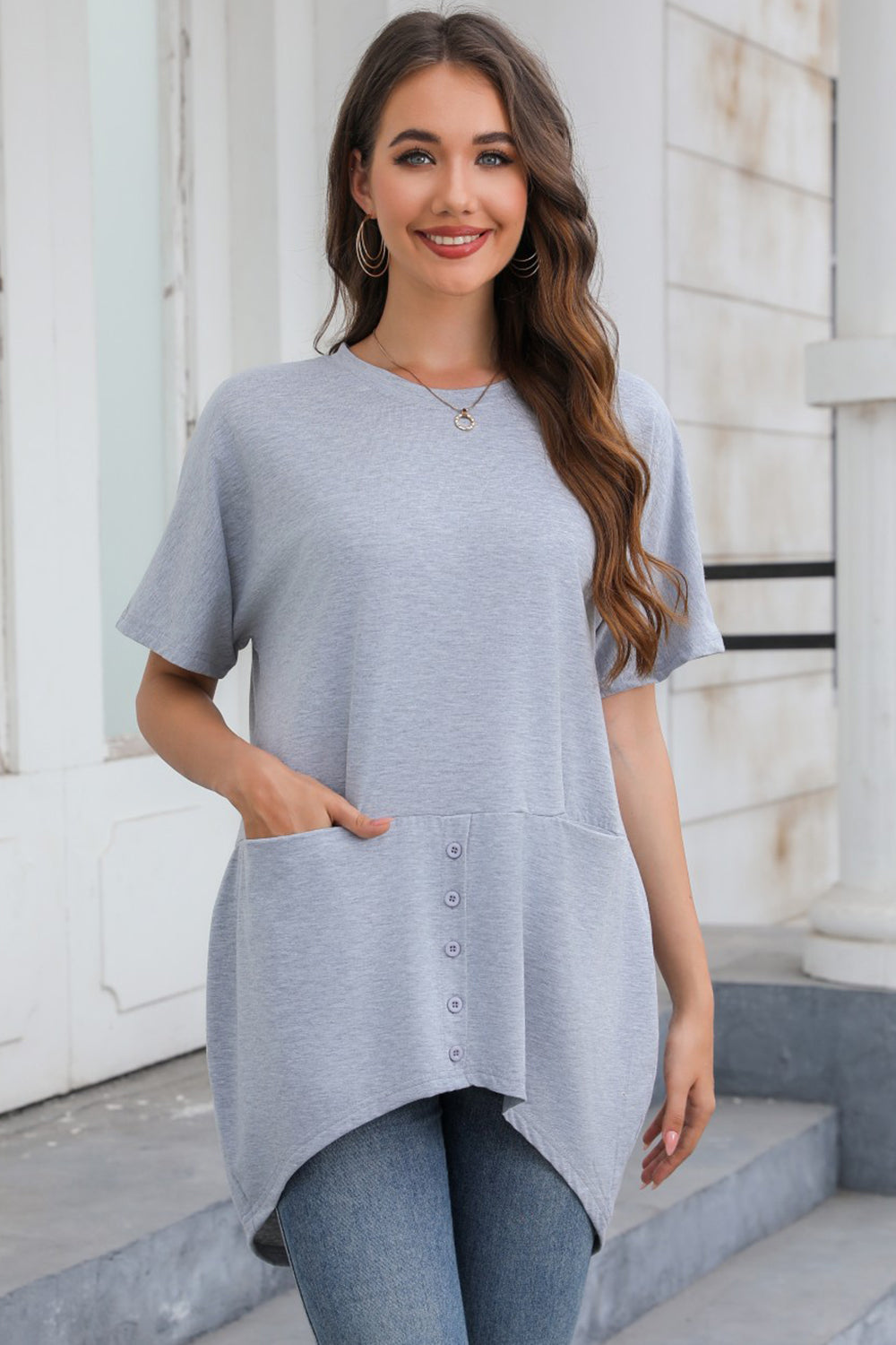 STUNNLY  Round Neck Short Sleeve T-Shirt Gray S 