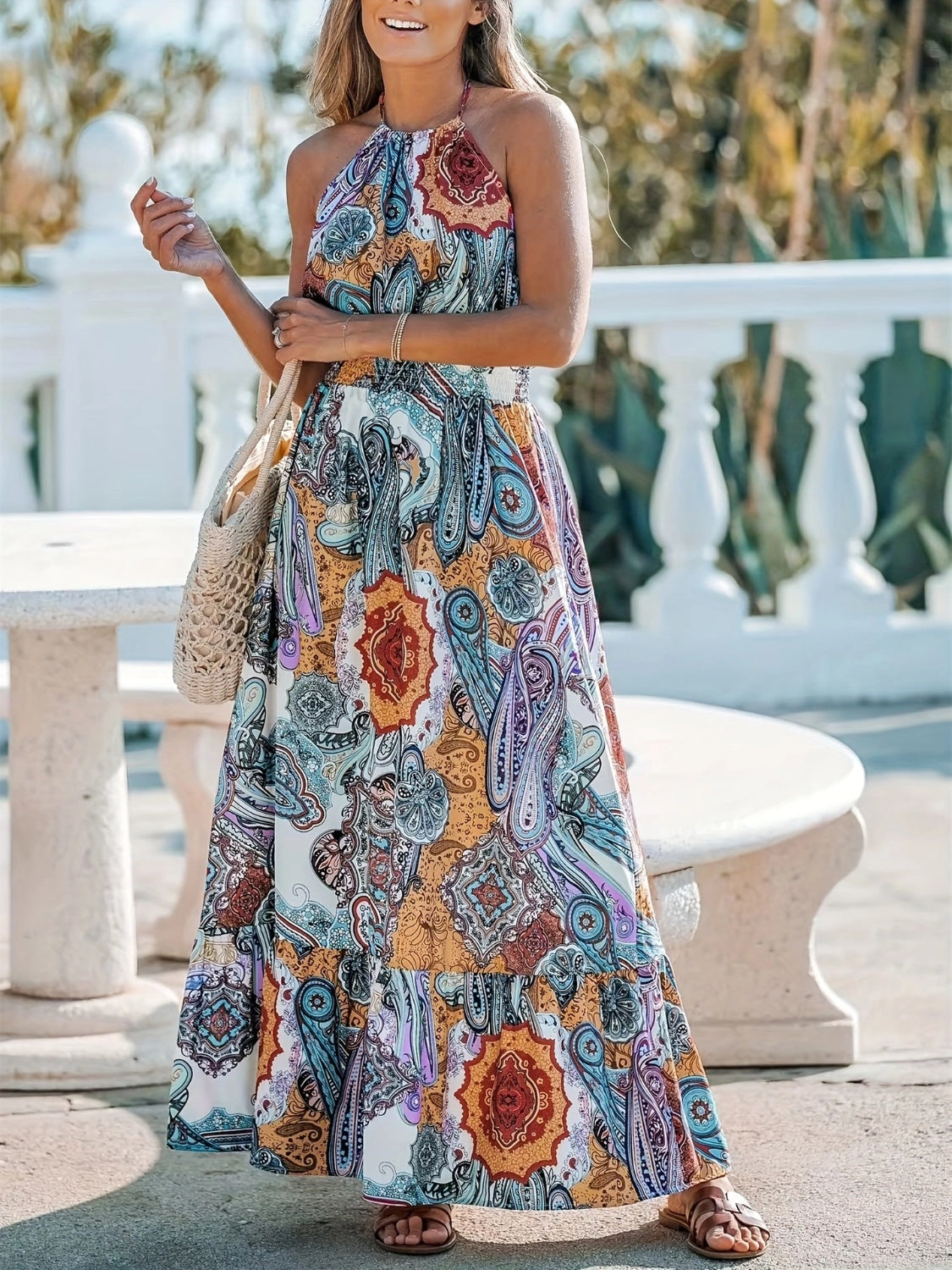 Printed Halter Neck Maxi Dress   