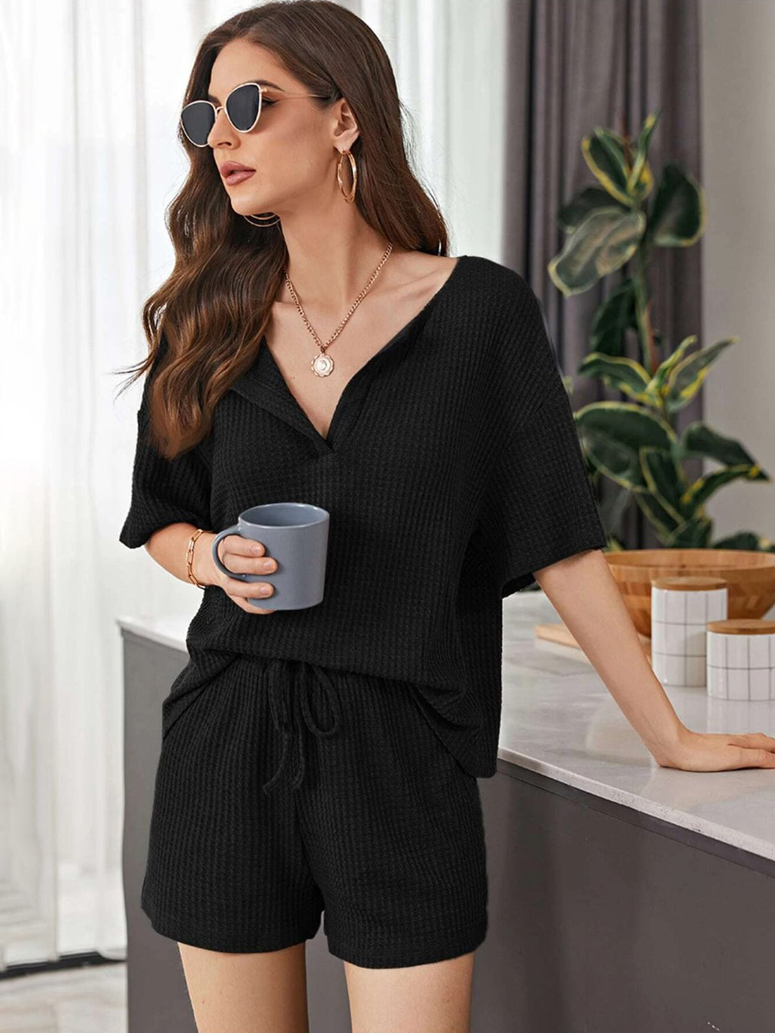 STUNNLY  Full Size Waffle-Knit Dropped Shoulder Top and Shorts Set Black S 