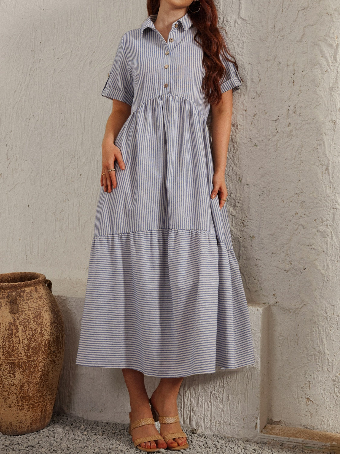 Striped Collared Neck Short Sleeve Dress   