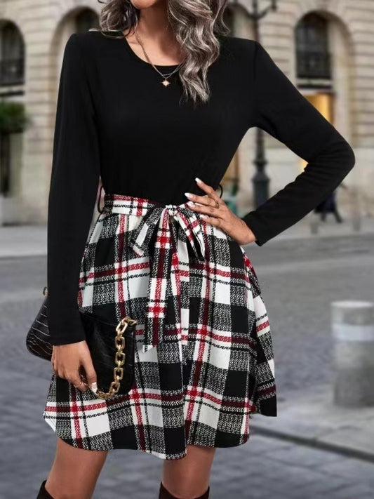 Tied Plaid Round Neck Long Sleeve Dress Black S 