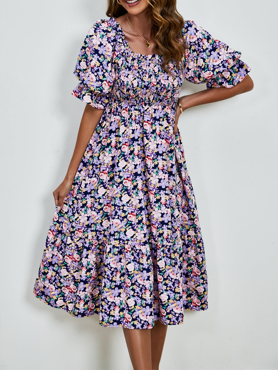 Smocked Floral Square Neck Short Sleeve Dress   