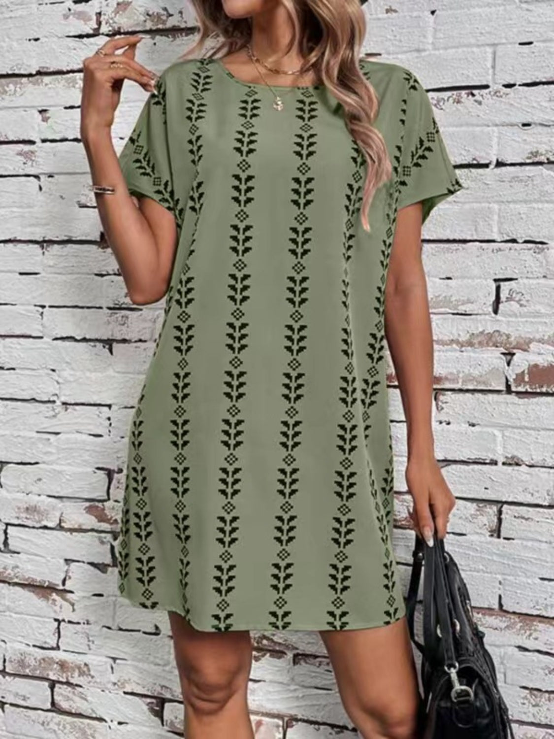 Printed Round Neck Short Sleeve Dress Moss S 