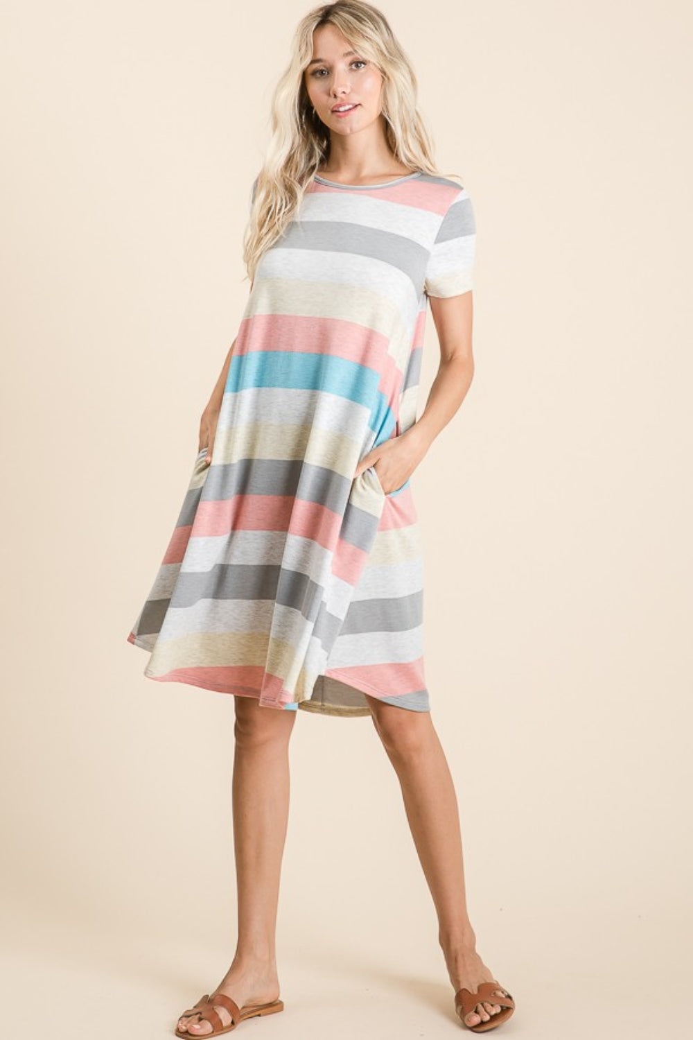 BOMBOM Striped Short Sleeve Dress with Pockets   